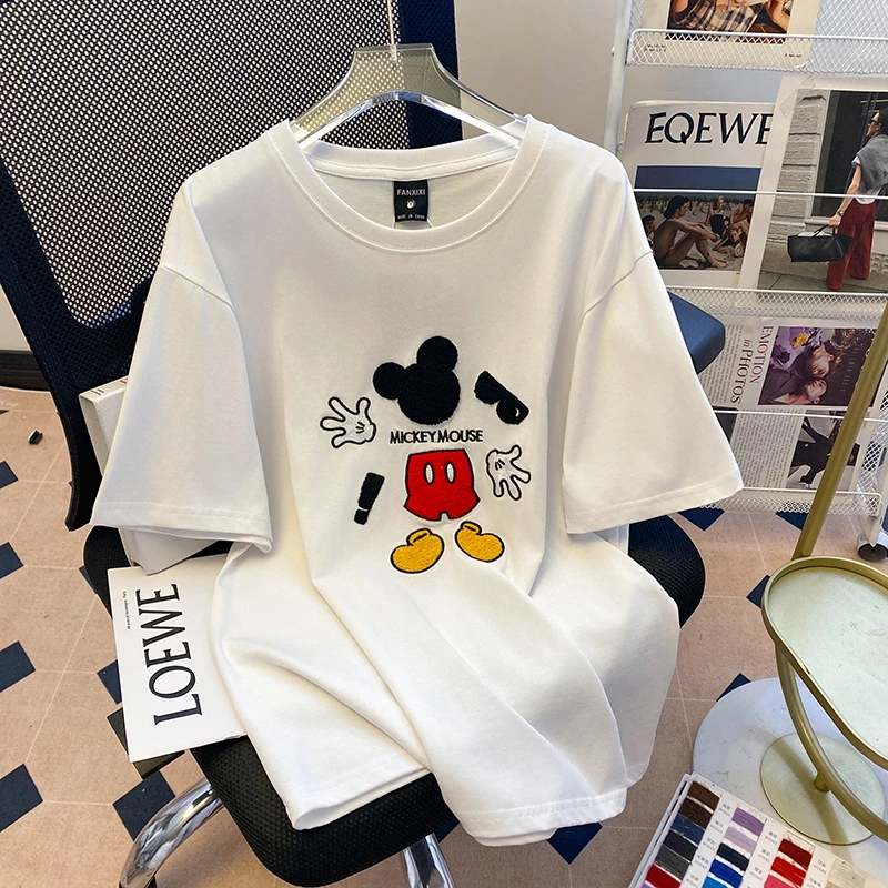 2025夏季新款纯棉圆领短袖t恤女大码胖mm刺绣宽松白色上衣服ins潮