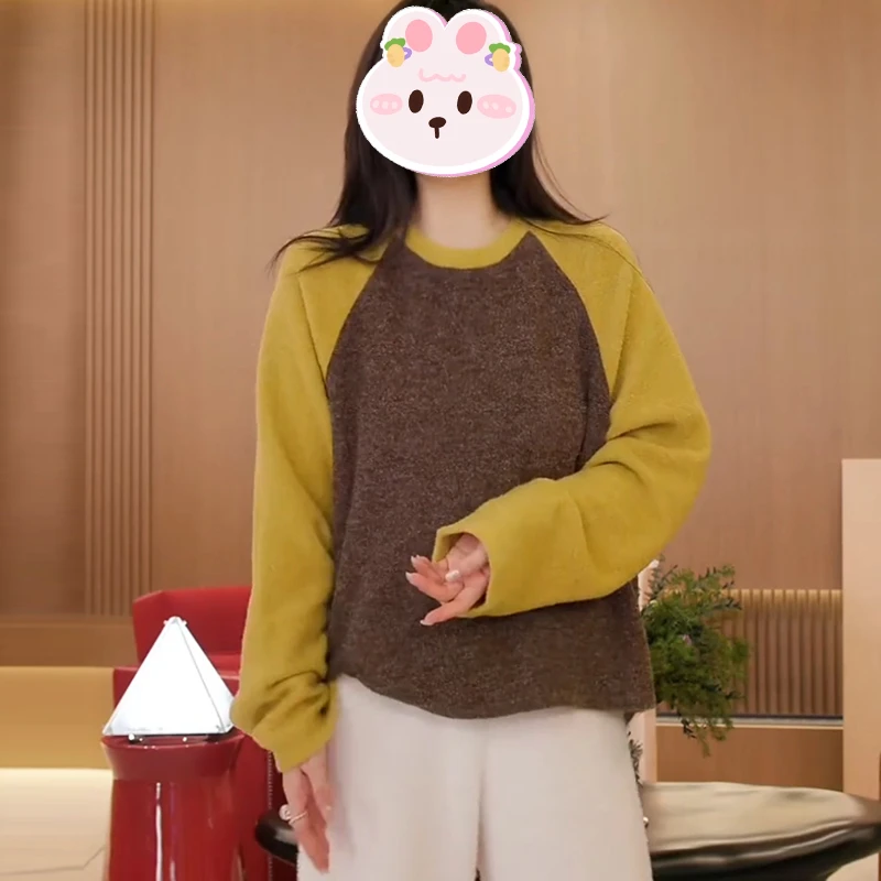 美式复古拼色绒感套头卫衣女2025秋季新款宽松显瘦休闲百搭上衣