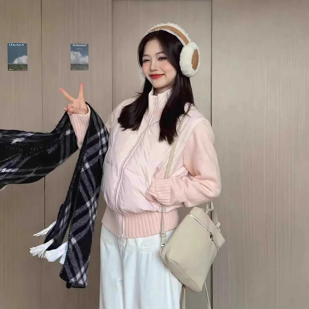 针织棉衣棉服女冬2025年新款学生韩系拼接小个子棉袄外套
