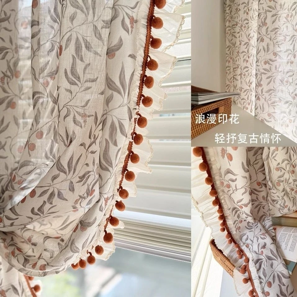 麻纱印花美式乡村田园复古风红樱桃透光透气客厅阳台卧室纱帘定制
