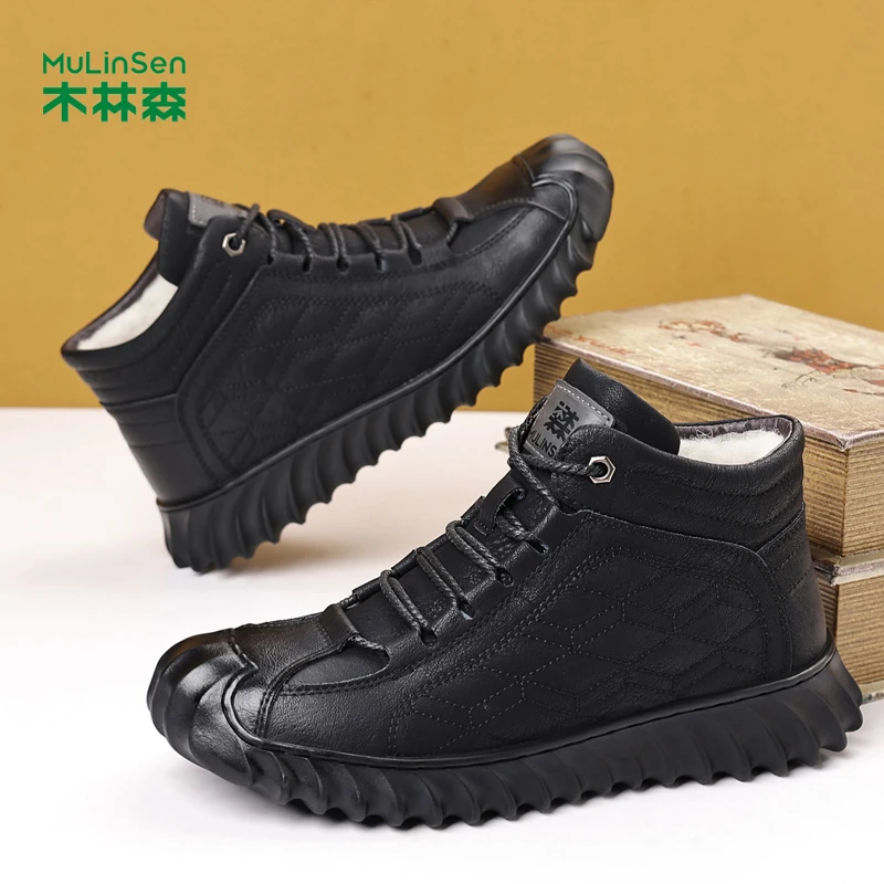 木林森秋季男鞋2025新款加绒保暖爸爸棉鞋皮毛一体雪地靴休闲运动