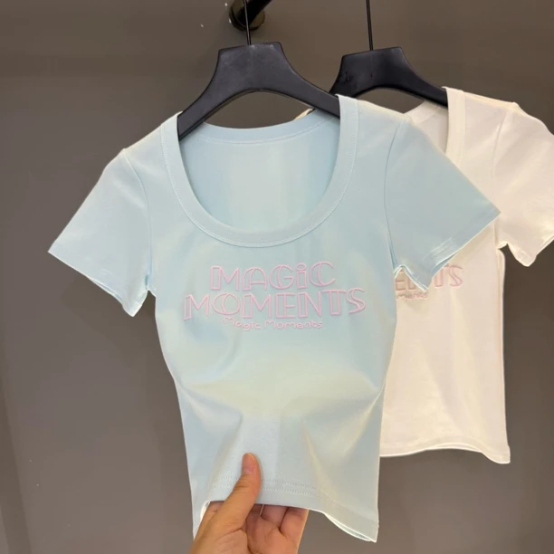 印花字母夏季锁骨U领短袖女款爆款2025新款修身显瘦上衣夏140#