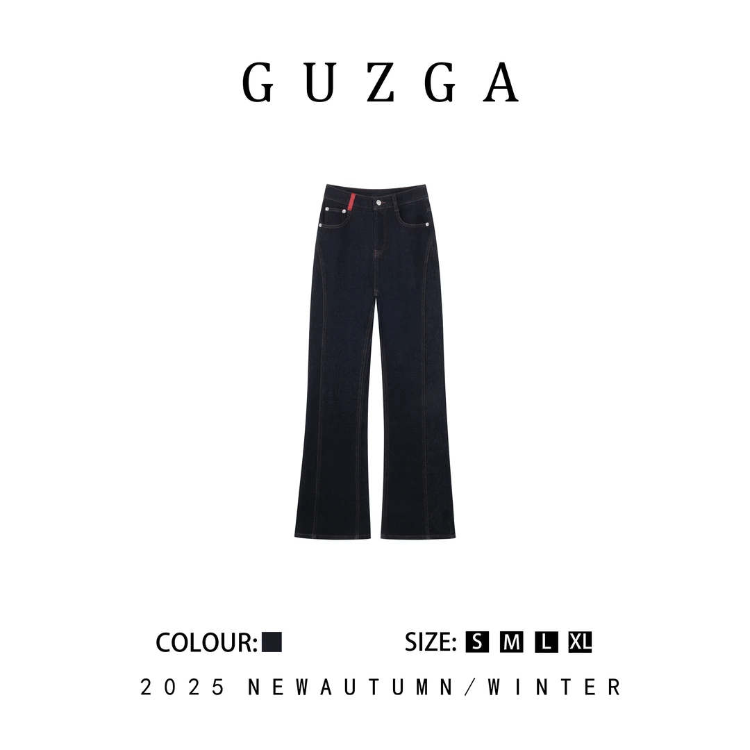 GUZGA【挺括有型】2025秋冬上新微喇复古深蓝牛仔裤时尚百搭简约