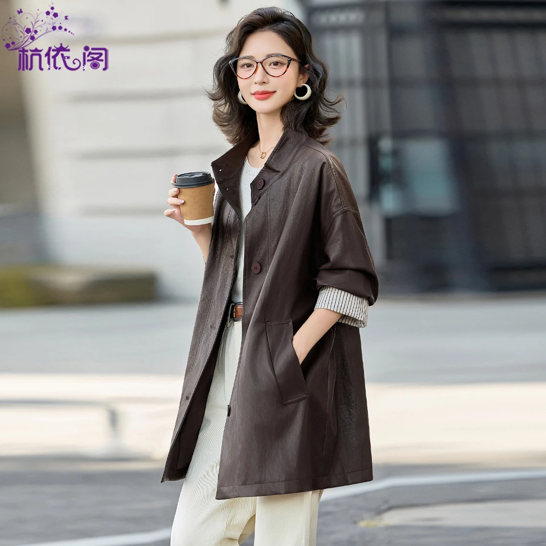 皮衣风衣女秋中长款2025新款小个子气质复古休闲显瘦PU皮夹克外套