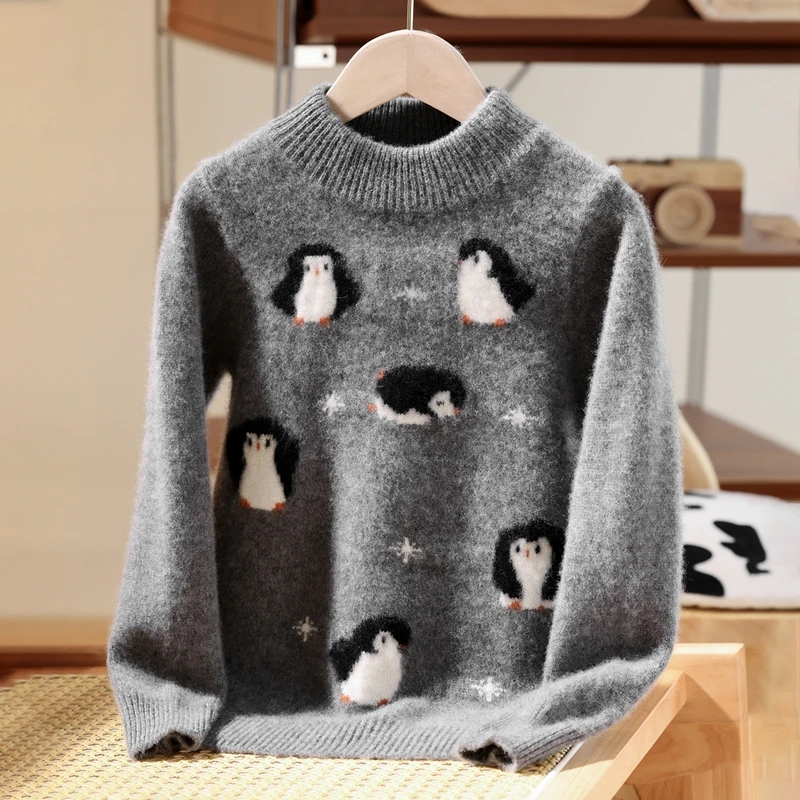 男女童企鹅提花半高领休闲风100%纯羊毛毛衣针织衫打底衫童装