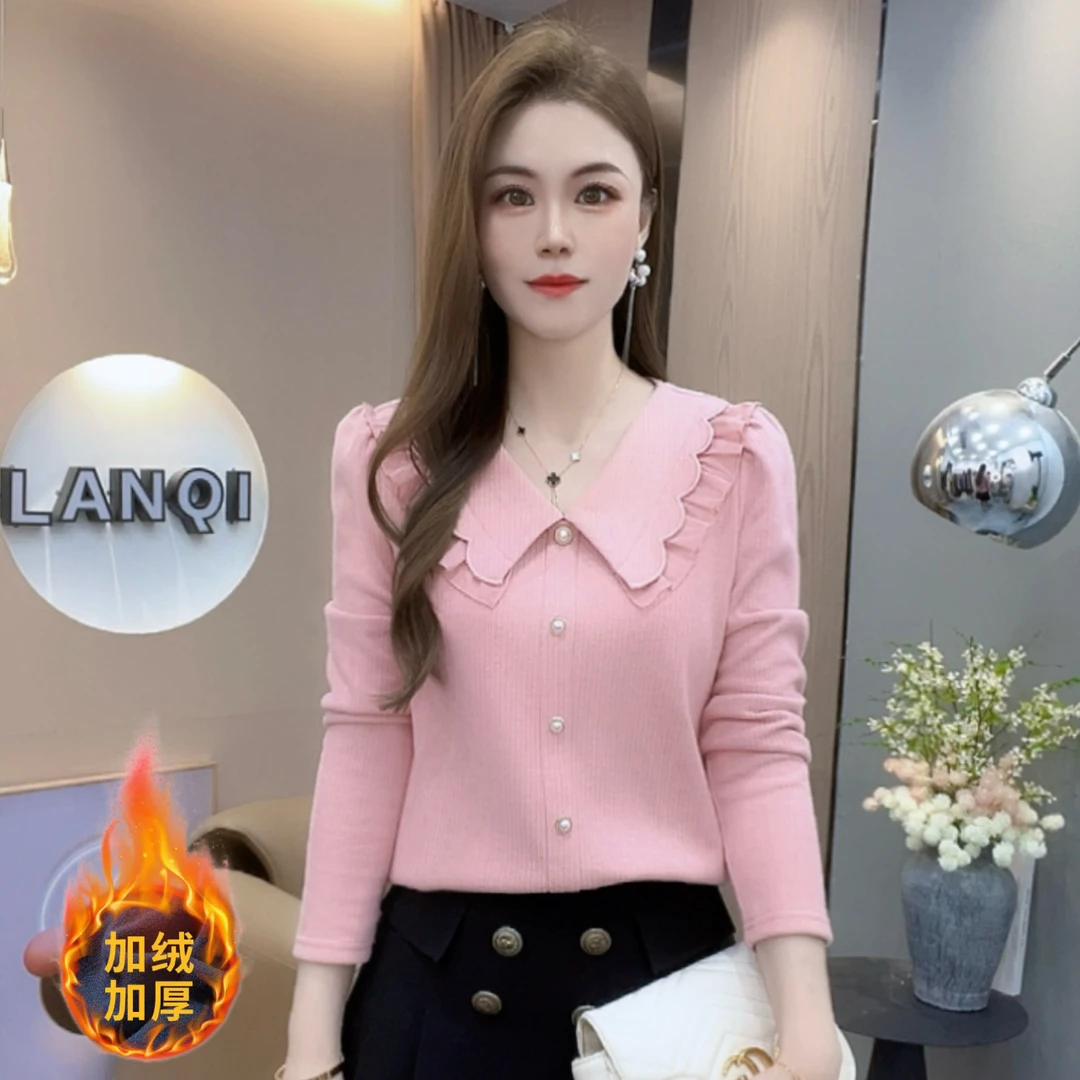 A8968时尚设计感小衫女秋冬新款洋气V领T恤甜美减龄气质上衣
