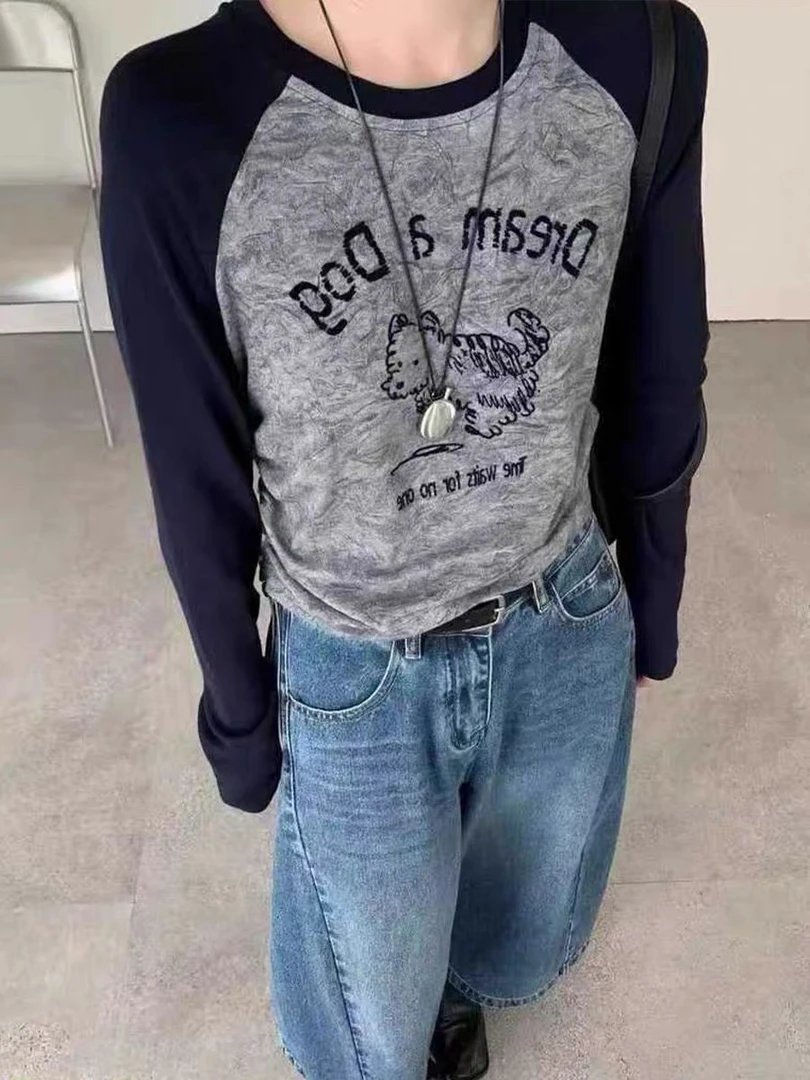 印花休闲风常规款长袖圆领T恤时尚拼色灰色短款打底衫上衣