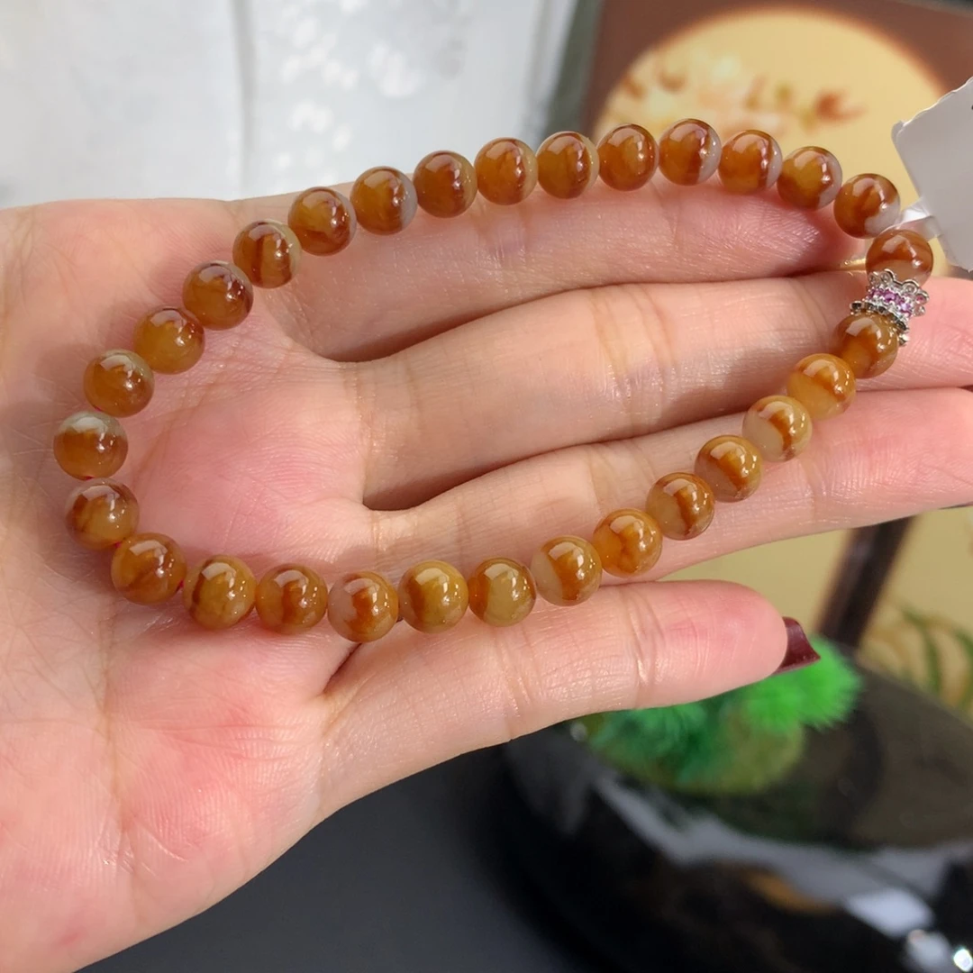 翡翠未镶嵌手串卡6胶润鸳鸯红翡手串