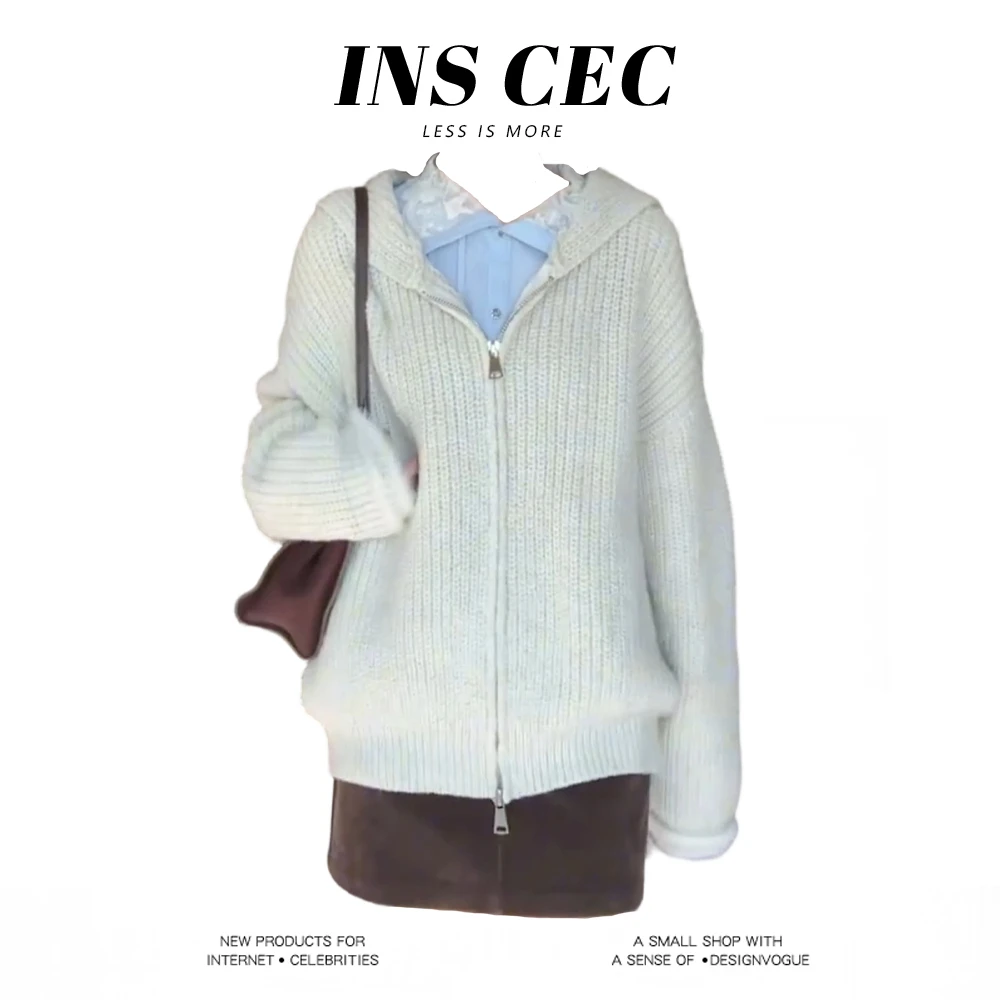 INS CEC秋冬新款法式甜美娃娃领蕾丝拼接衬衫毛衣外套包臀裙套装