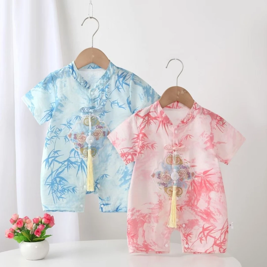 新款夏季满月男女宝宝短袖哈衣婴儿衣服百天洋气国风外出夏季爬服