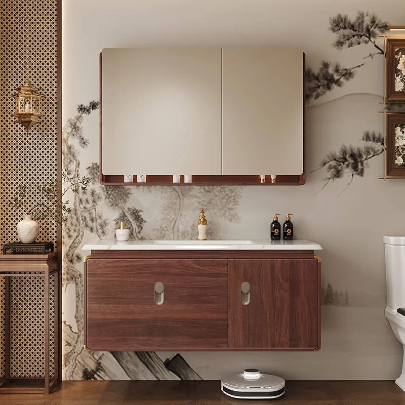 新中式胡桃木陶瓷一体盆浴室柜组合洗脸盆洗手盆实木柜洗漱台