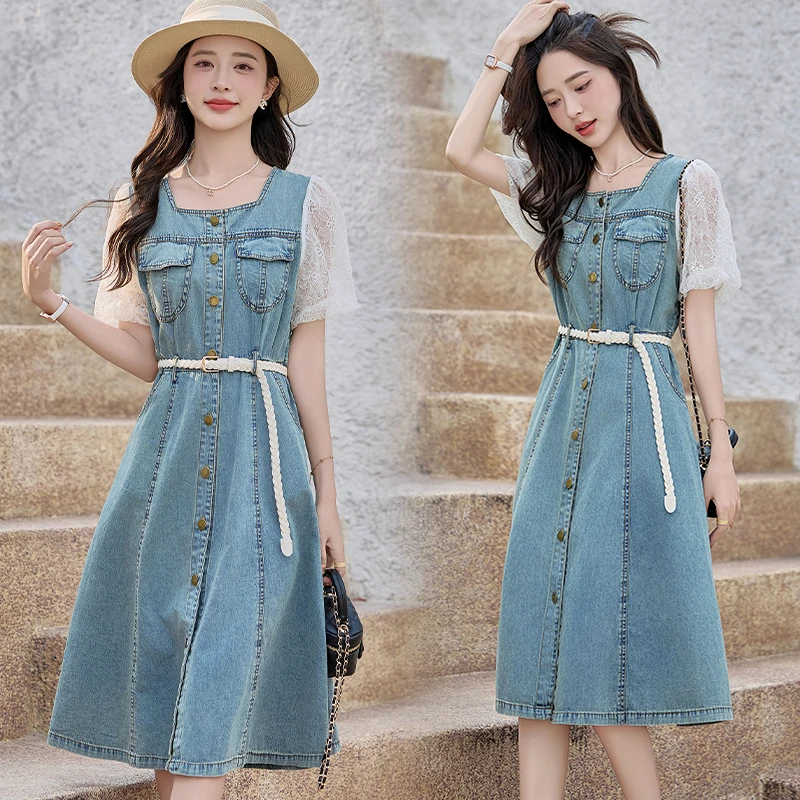 2025年夏季新款韩系蕾丝拼接洋气减龄牛仔中长款高腰牛仔连衣裙