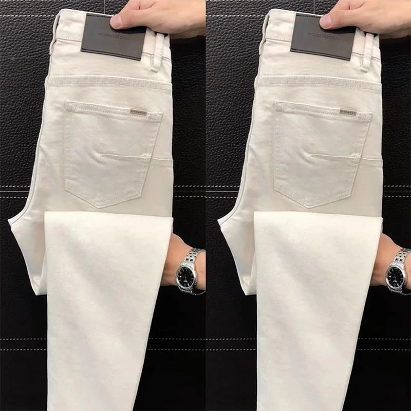 商务男士浅色百搭小直角牛仔裤春秋新款简约百搭修身显瘦直筒裤子