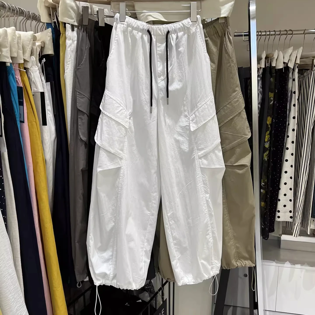 松紧腰大口袋束脚两穿工装裤休闲裤女2025夏新时尚百搭帅气阔腿裤