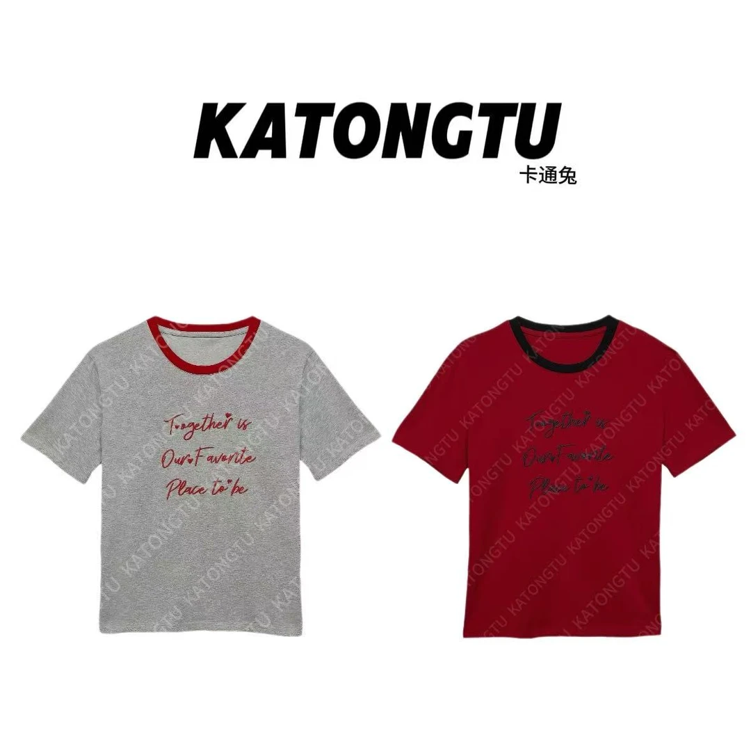 KATONGTU撞色领短袖百搭字母复古百搭夏季短袖T恤DM2505067