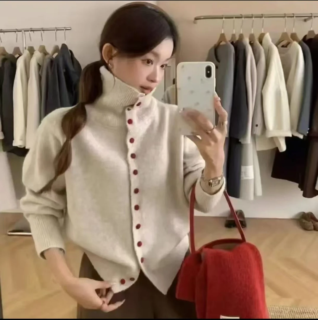 慵懒风秋冬高领红扣毛衣开衫外套女设计感小众针织衫 五色