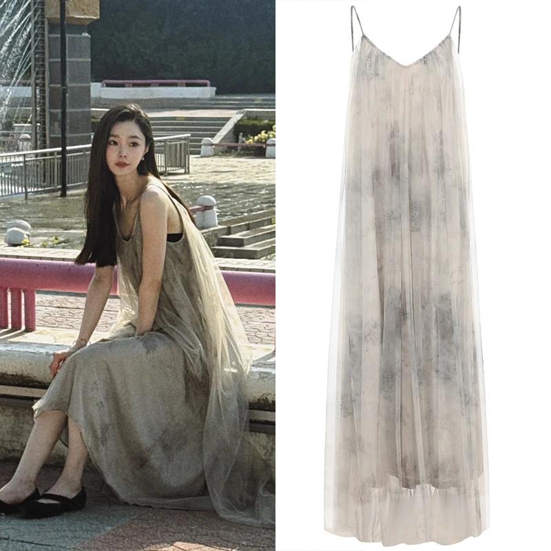 Miss Judy宋轶同款吊带大摆连衣裙V领褶皱印花高腰长裙仙女裙夏季