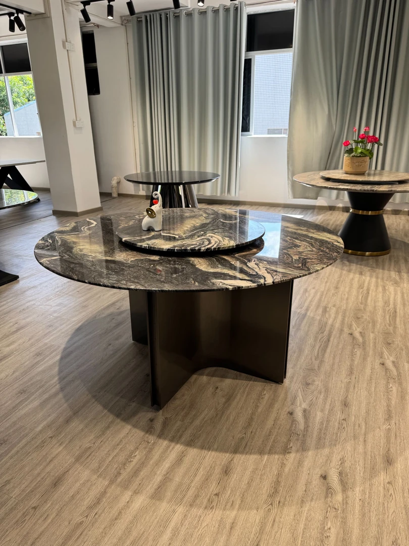 天然大理石紫山水餐桌圆形现代简约轻奢极简天然大理石餐桌椅组合