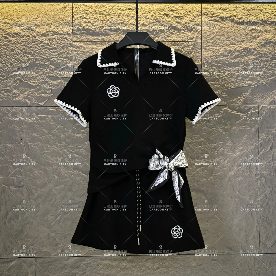 WMA-A362设计师款丨<山茶花系列>宽松版夏季T恤短裙休闲翻领套装