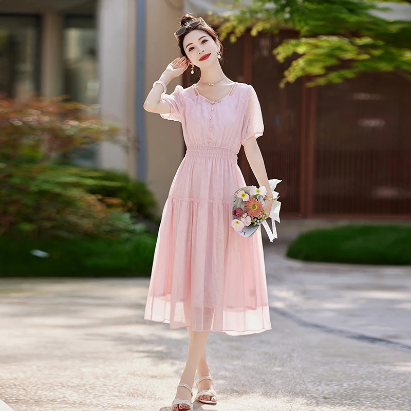 轻职风连衣裙抗起球仙气夏季法式舒适高腰中长款显瘦气质时尚收腰