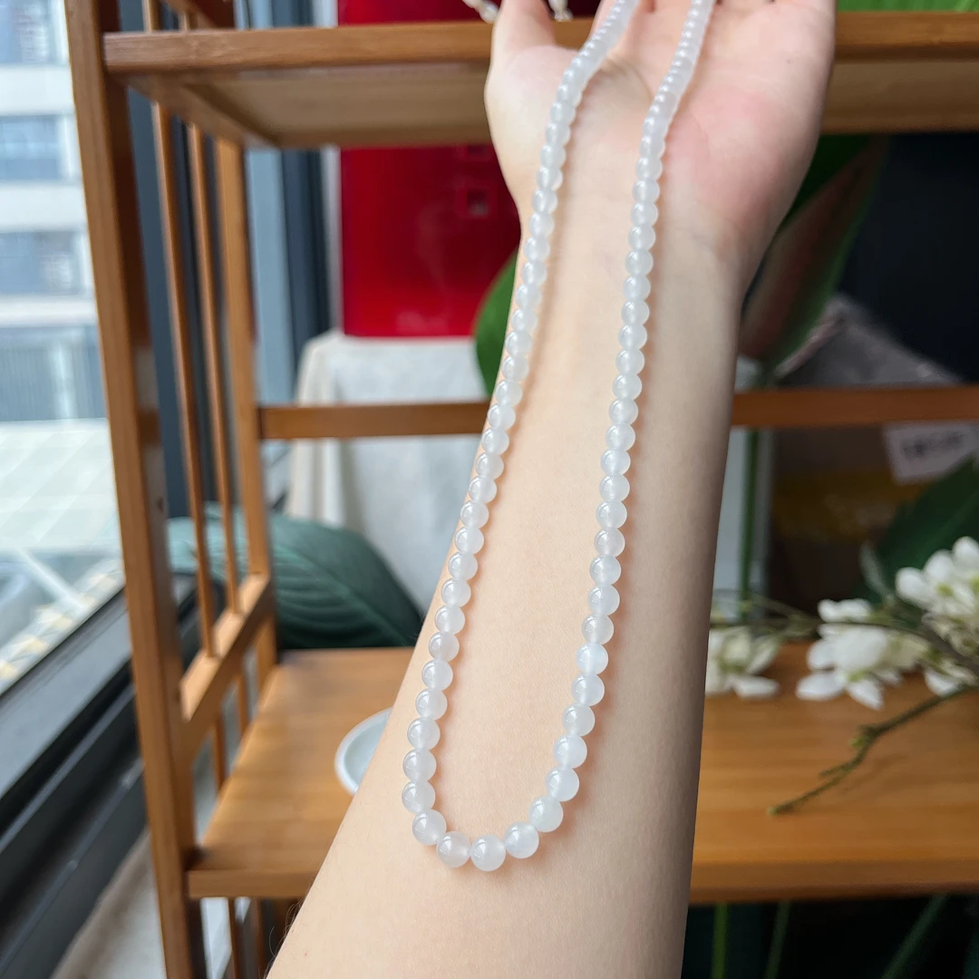 【郭老师】约6mm和田玉白玉圆珠多圈项链约62cm