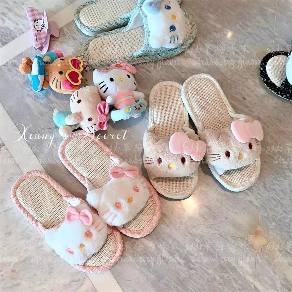 日系可爱亚麻kitty布艺凉席拖鞋居家透气吸汗防滑踩屎感一字拖鞋