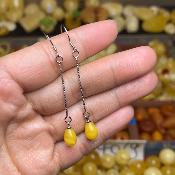 蜜蜡未镶嵌珠宝奇石天然蜜蜡铜镶嵌耳环