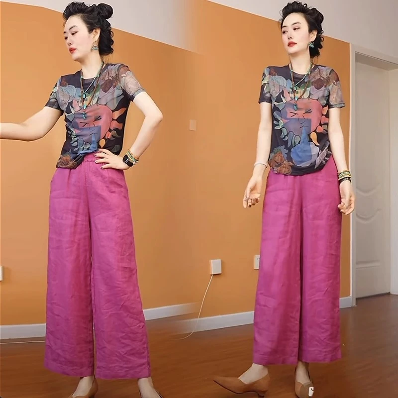 时尚套装女2025夏季新款圆领印花上衣松紧高腰休闲阔腿裤两件套潮