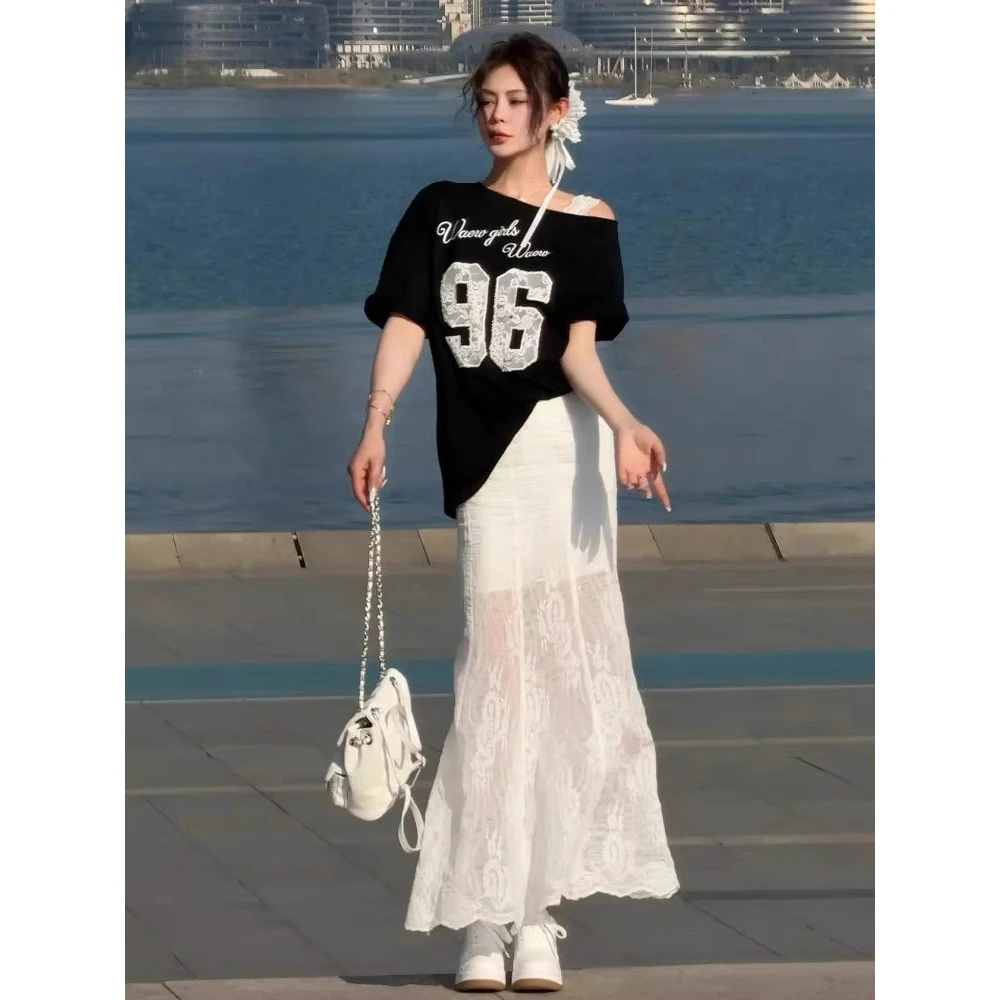 【韩系穿搭】时尚辣妹套装字母刺绣露肩短袖上衣高腰蕾丝拼接半身裙