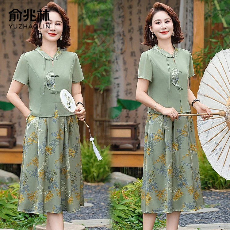 俞兆林中式妈妈夏装连衣裙2025新款国风中老年女装夏季短袖雪纺裙