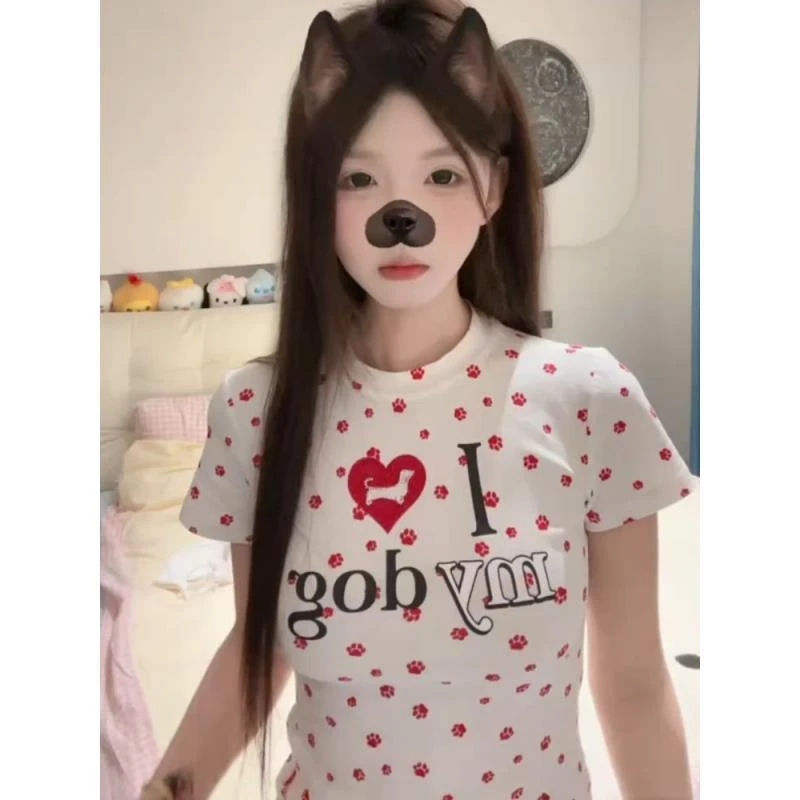 美式复古潮流字母印花短款褶皱短袖T恤夏季圆领显瘦ins百搭上衣女