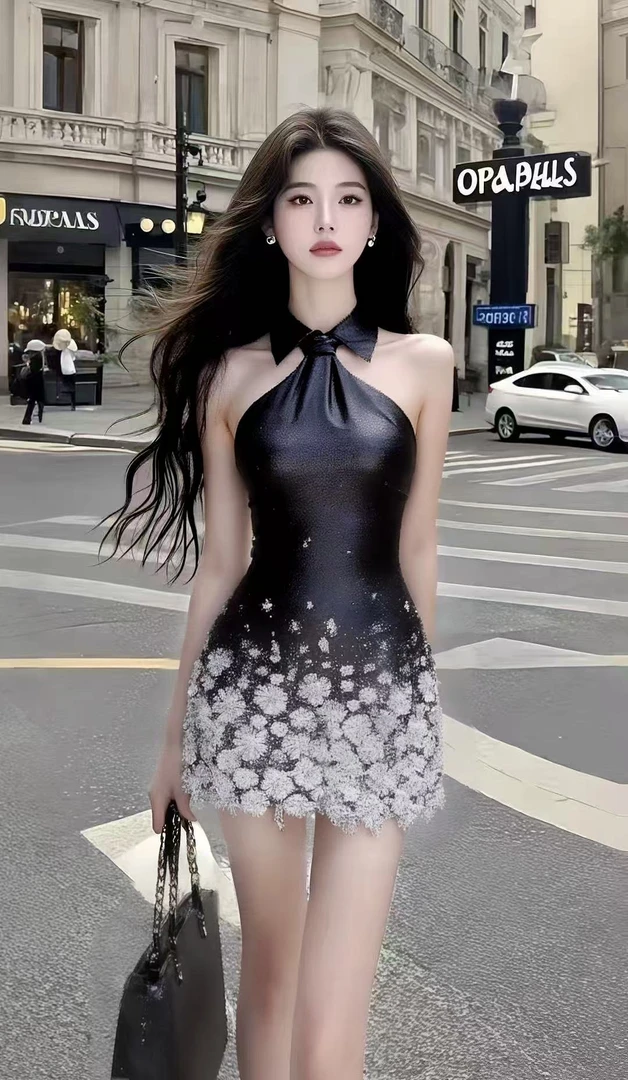 温柔纯欲风黑色设计感露肩挂脖修身收腰包臀连衣裙女时尚气质女装