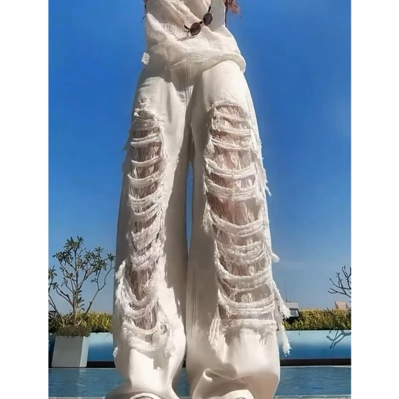白色破洞蕾丝阔腿牛仔裤女春季款大码梨形身材高腰显瘦直筒拖地裤