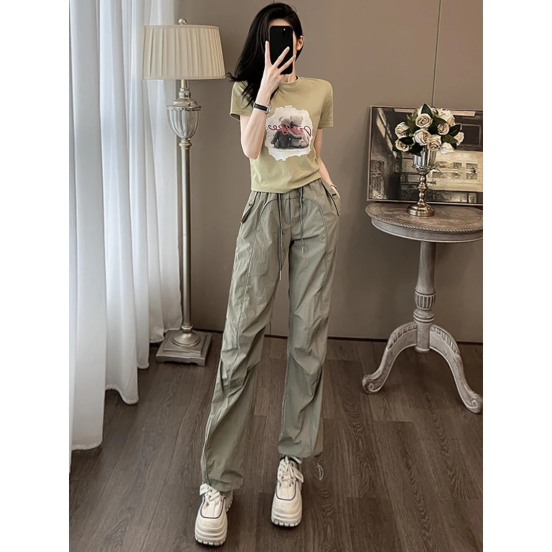 甜酷工装休闲运动套装女夏季2025薄款短袖T恤军绿色束脚裤两件套