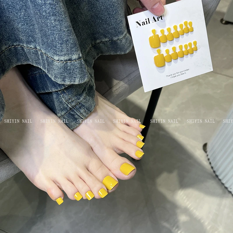 CPU-08甲油胶喷涂柠檬黄脚穿戴甲纯色显白夏日小众成品美甲脚甲片