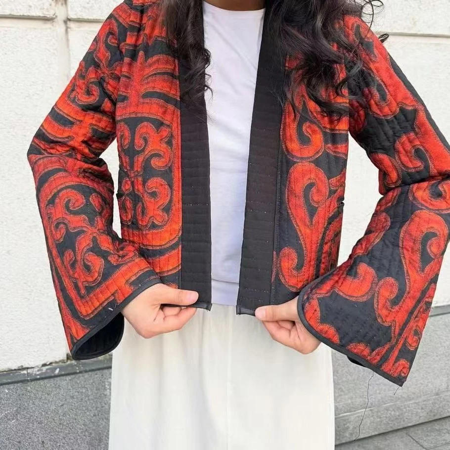 民族风长袖刺绣V字领短款外套女士复古