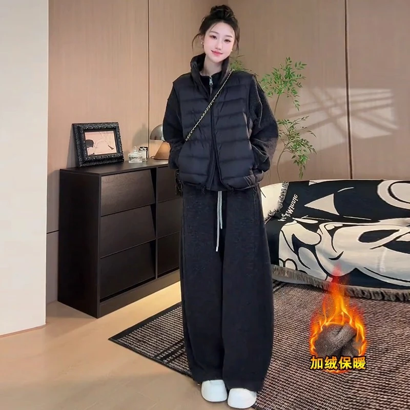 拉夏贝尔高级感加绒卫衣套装女2025秋冬加绒加厚慵懒风灰色三件套