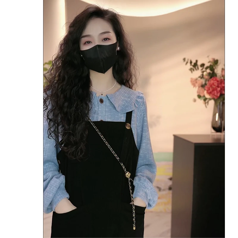 春秋装女长袖打底衫翻领软糯磨毛上衣搭配灯芯绒背带裙两件套装