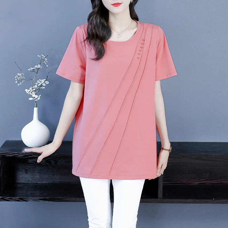 大码女装拼接T恤女2025夏季新款胖妹妹法式多巴胺宽松短袖230580