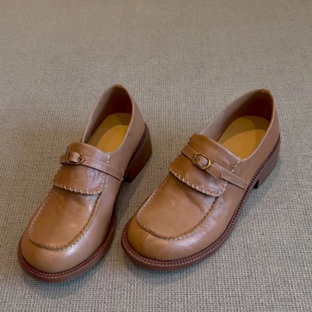 羊皮版~2025新款复古英伦风小皮鞋女粗跟圆头真皮搭玛丽珍鞋单鞋