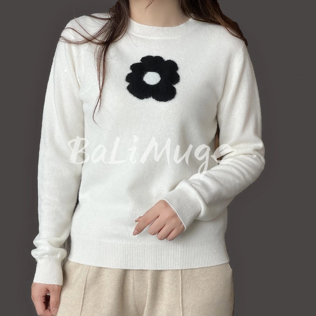 BaLiMuge【1438】空气层花朵圆领100山羊绒百搭打底羊绒衫RB183