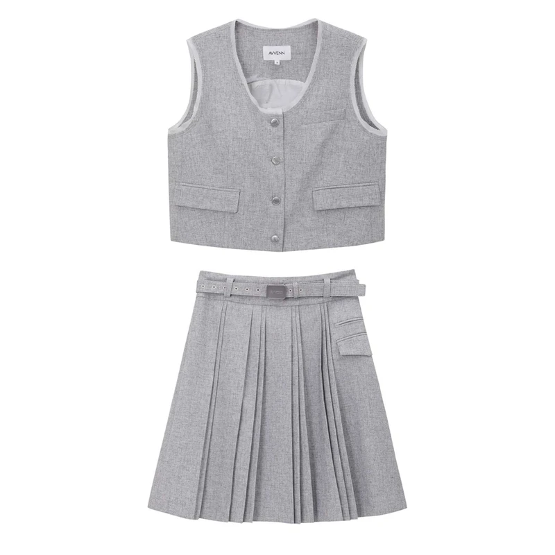 AVVENN2025夏经典无袖马甲不规则百褶半裙套装女dopdop买手店