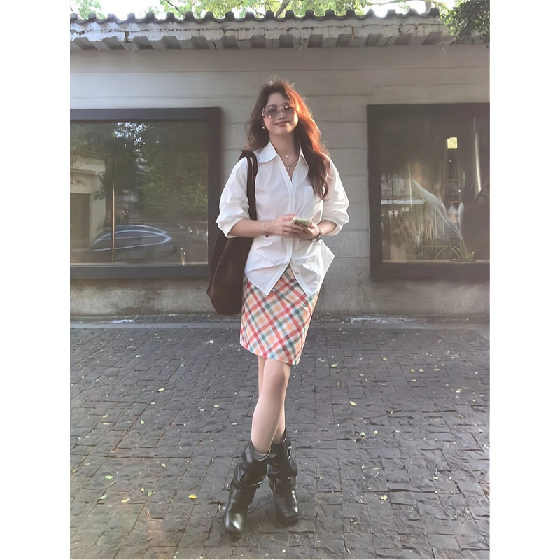 V领泡泡袖衬衫收腰叠穿上衣半身裙格子风复古短裙包臀裙一步裙秋