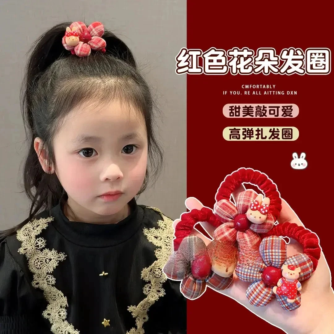 红色格纹花朵发圈儿童秋冬植绒扎发绳可爱卡通丸子头皮筋女盘发器商品图