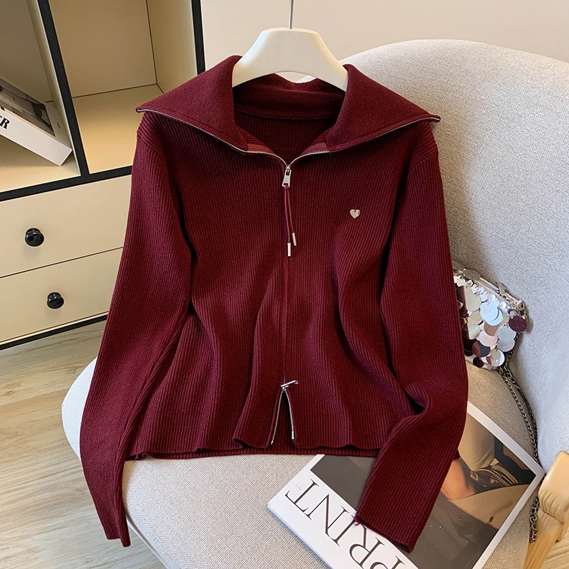 2025新款质感双向拉链韩系时尚百搭长袖舒适纯色设计感针织衫女