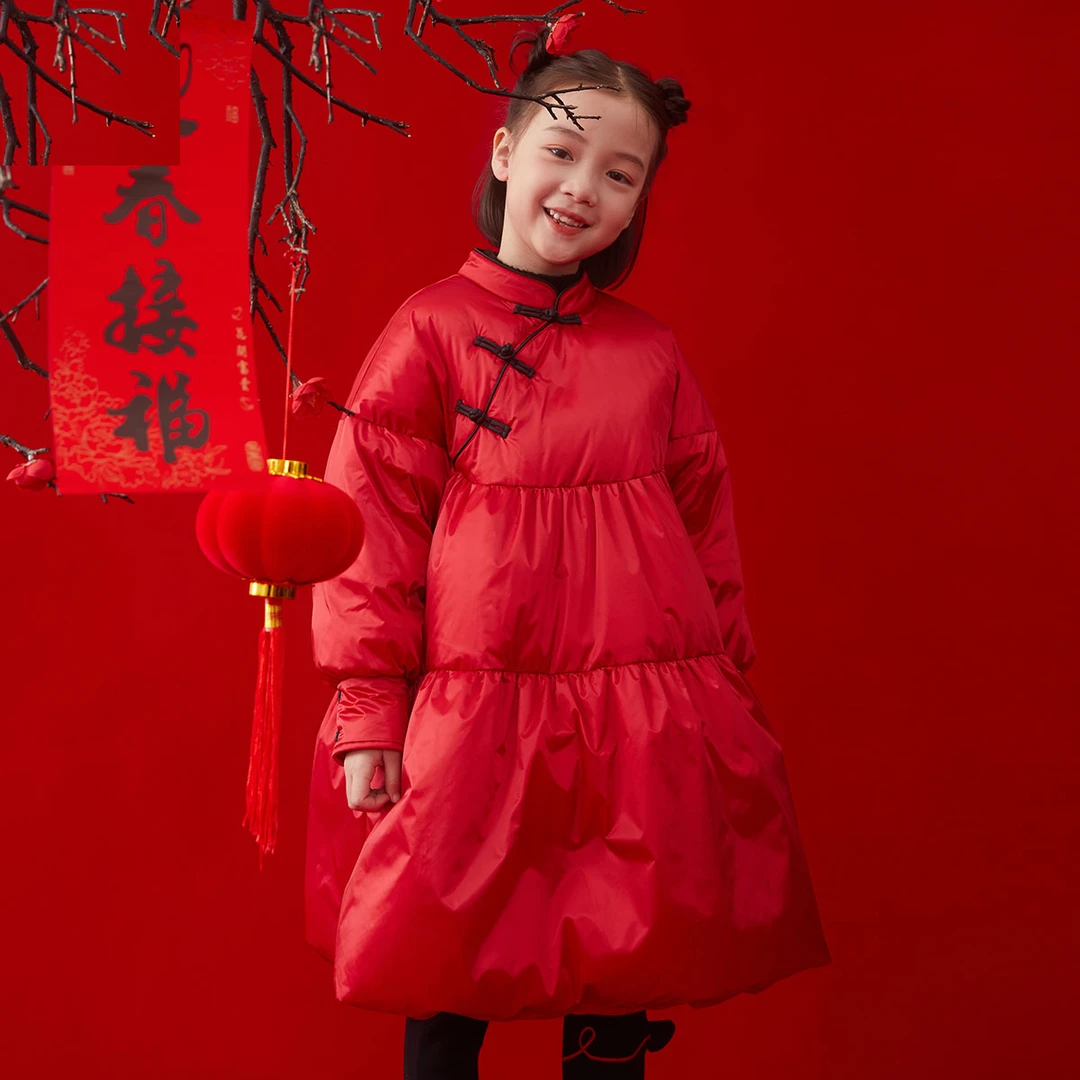 T4079冬新款女孩年服红色A字裙加厚单排扣中国风羽绒服童装儿童