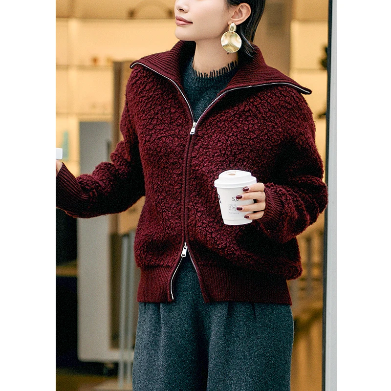 【妍妍专属】高知感罗纹大翻领双头拉链羊羔毛保暖外套KM6M554HE