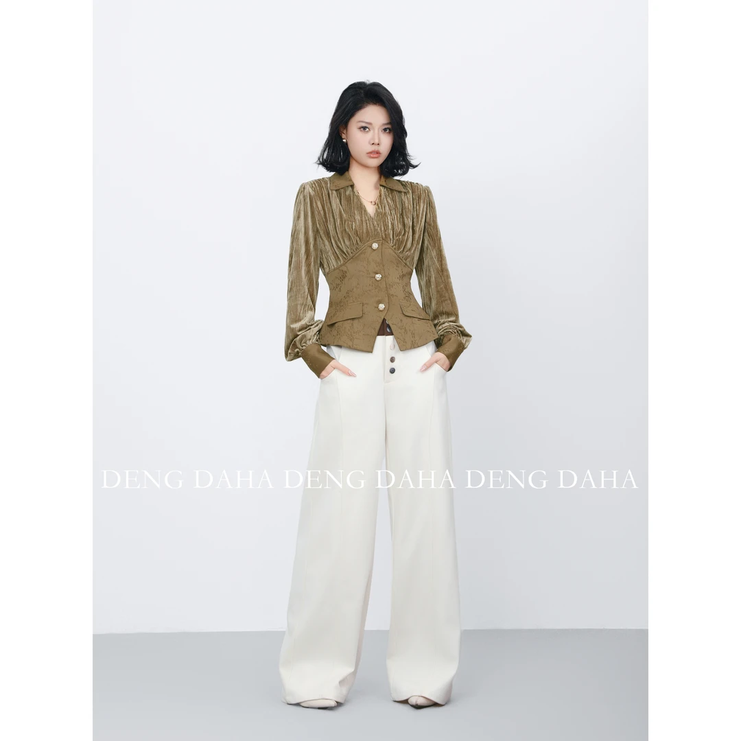 「春色撩人」秋冬金丝绒衬衫翻领单排扣小香风衬衣HBZC641156