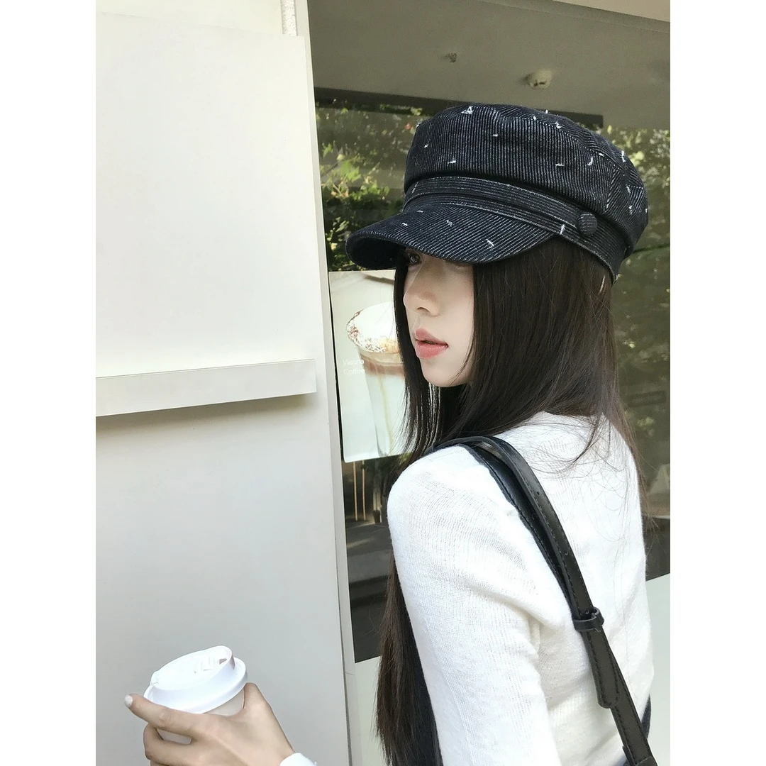 做旧磨破灯芯绒报童帽子女短檐显脸小鸭舌帽