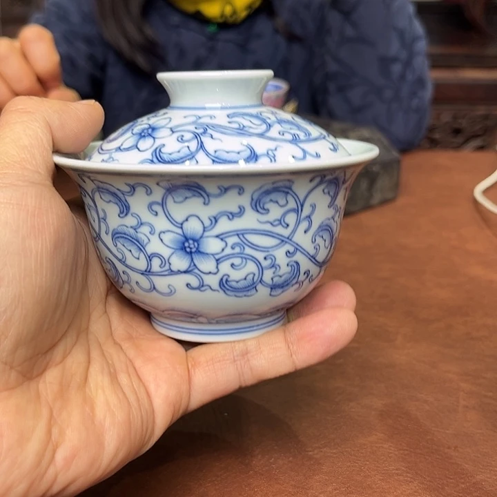 盖碗瓷青花凤尾草盖碗